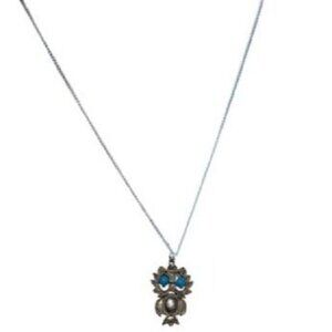 Vintage Silver Tone Owl Pendant Necklace Blue Bead Eyes Retro Fashion Jewelry